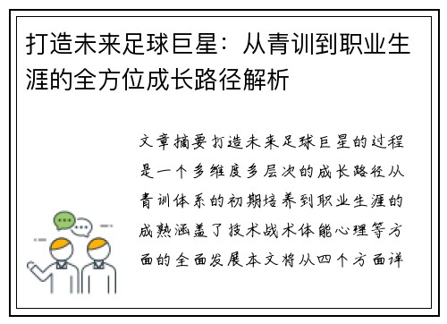 打造未来足球巨星：从青训到职业生涯的全方位成长路径解析